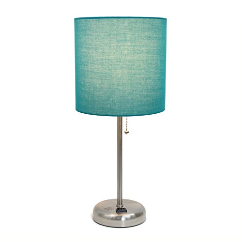 Limelights Lt2024-Tel Brushed Steel Stick Table Desk Lamp With Charging Outlet And Drum Fabric Shade, Teal #TOP2