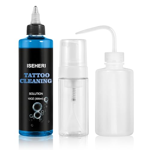 iseheri Ultra Concentrated Tattoo Cleaning Soap (10 oz) with 120ml Foaming Bottle and 8 oz Squeeze Bottle Tattoo Supplies for Tattoos Piercings Skin and Equipment Cleaning(blue)