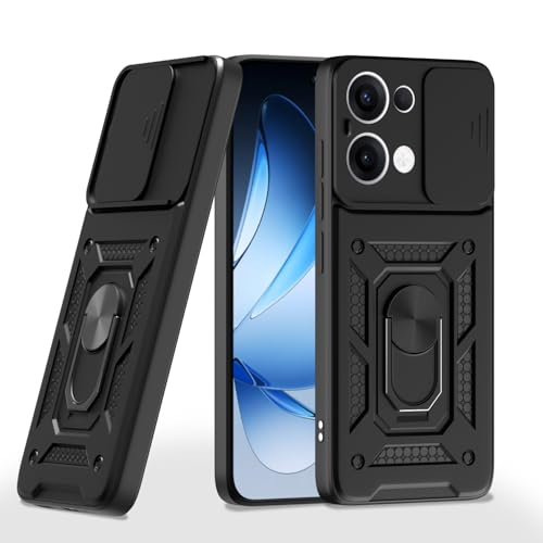 Image of Pikkme Back Cover for Oppo Reno 13 5G | Sliding Camera Shield with Ring Stand | D10 Full Camera Protection Bumper Case (Black)