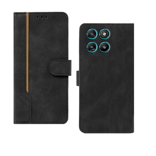 Image of amazon basics Motorola G67 Power 5G Flip Cover | Card Pockets Wallet & Stand | Flip Cover for Motorola G67 Power 5G (Black with Beige Strip)