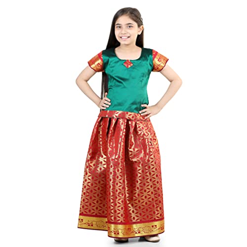 Image of BownBee Girls Silk Blend Pavda Pattu Lehenga Choli South Indian Traditional Ethnic Dress for Kids with Half Sleeves, Round neck, Back Hook Closure Dresses for Baby Girl