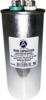 - Appli Parts Dual Run Capacitor for ac 80+7.5 Mfd uF (microfarads) 370VAC or 450VAC CBB65 Round Universal fit for hvac and other applications 5-3/4 in High 2-5/16 in Wide CON-80/7.5-450