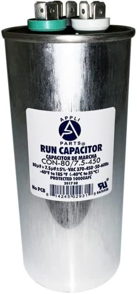 Appli Parts Condensador Capacitor de Marcha 80+7.5 Mfd uF (microfaradios) 370VAC o 450VAC CBB65 Universal Aire acondicionado y aplicaciones Redondo UL E476928 14cm Alto 6cm Ancho CON-80/7.5-450