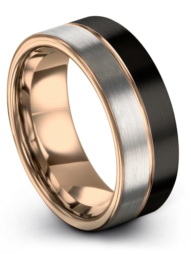 Tungsten Wedding Band Ring 9mm 8mm 6mm 4mm for Men Women 18k Rose Gold Plated Flat Cut Black Grey Brushed Polished