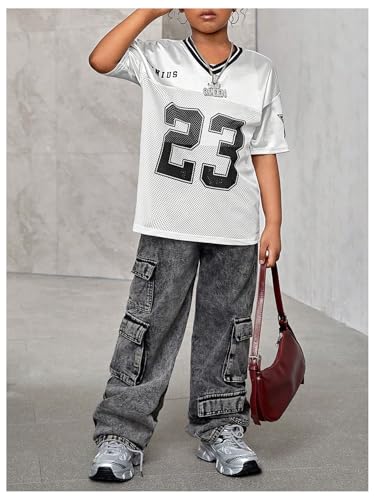 Image of WDIRARA Girl's Number Graphic Jersey Shirts Short Sleeve V Neck Tees Oversized T-Shirt Tops