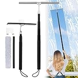 Toncoke 2 in 1 Window Squeegee, Shower Squeegee Window Cleaning Kit with Extension Pole Long Handle Squeegee for Shower Glass Floor Bathroom Home Outdoor, 12 inch Wide, Black
