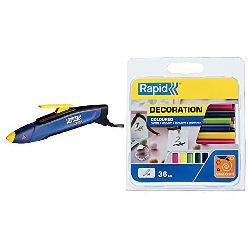 Rapid EG Pen Incollatrice a caldo 7mm. Incollatrice con 36 stick di colla colorati per piccoli lavori artistici e decorazioni