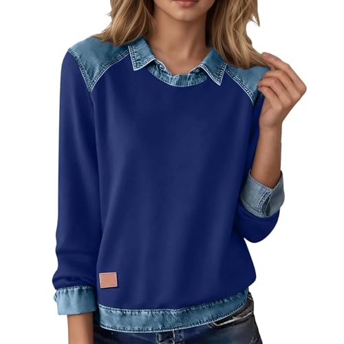 Generisch Sudadera para mujer, chaqueta vaquera, patchwork, camiseta de manga larga, moderna, informal, solapa superior, jersey ligero, monocolor, suéter de invierno, elegante, informal, chaqueta de