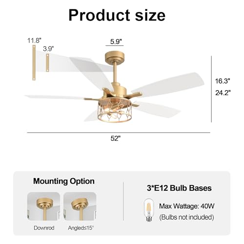 Image of 52 Inch White and Gold Ceiling Fan with Lights Modern Fandelier | Industrial Caged Fandalier, Farmhouse Rustic Chandelier Light for Living Room Bedroom, Reversible 6 Speeds, Remote Control