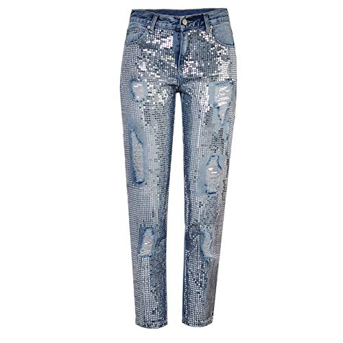 Jeans paillettes bleu à taille haute en denim de coton droit premium
