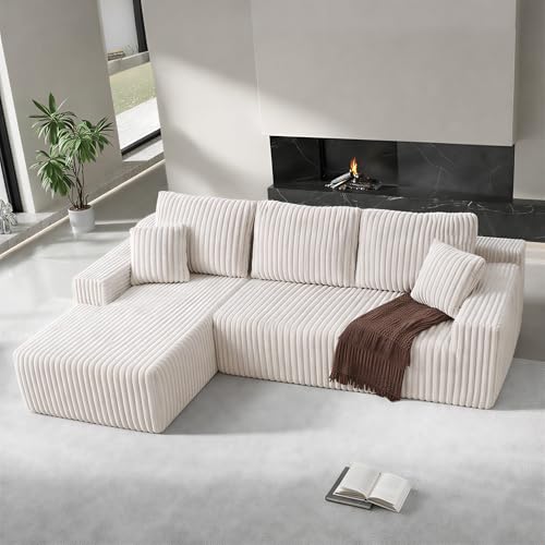 HOMRELEXA 105' Cloud Ecksofa, L-förmiges modulares Ecksofa mit tiefer Sitzfläche, Sofa ohne Stützstreben für Wohn- und Schlafzimmer, cremefarbener Cordbezug, linksseitige Chaiselongue
