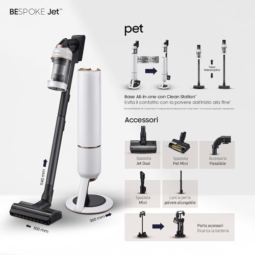 Samsung Bespoke Jet Pet Cordless Stick Vacuum Cleaner, With Auto Empty Built-in Clean Station, Max 210 W Suction Power, VS20A95823W, Misty White