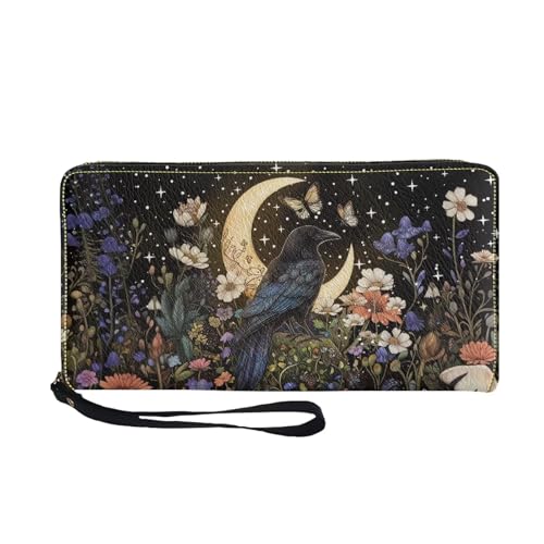 Coldinair Crow Moon Floral Wallet for Women Leather Cash Coin Card Phone Holder RFID Blocking ID Credit Card Holder with Zipper and Wrist Strap,Multi Card Organizer