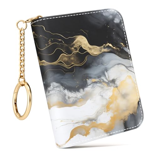 Image of Credit Card Holder RFID Wallet for Women, Small Leather Card Organizer Case with Zipper and Keychain, Black Marble