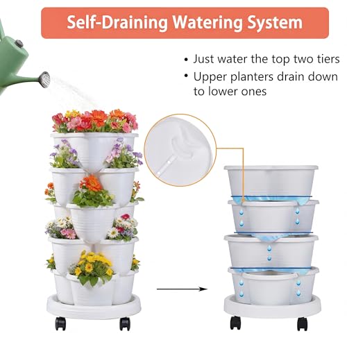 VECELO 5 Tier Vertical Garden Planter, Self Watering Stackable Planters with Wheels for Strawberries, Herbs, Flowers, Vegetables, White - Image 4