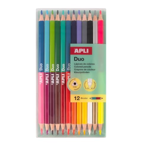 APLI Kids 20082 - Lápices de Colores vivos Bicolor Set de 12 Lápices Doble Punta (24 Colores) – Diseño Triangular Ergonómico
