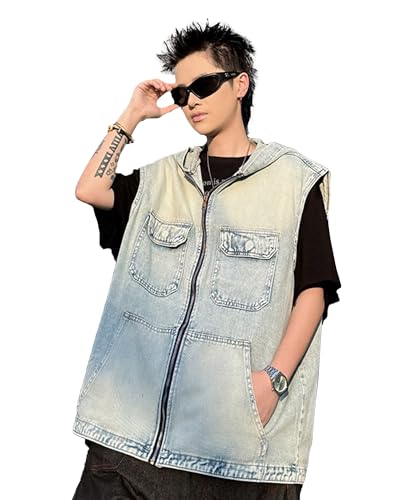 Pantete Men’s Denim Vest Sleeveless Zipper Vintage Distressed Western Cowboy Jean Vest with Hooded Trendy