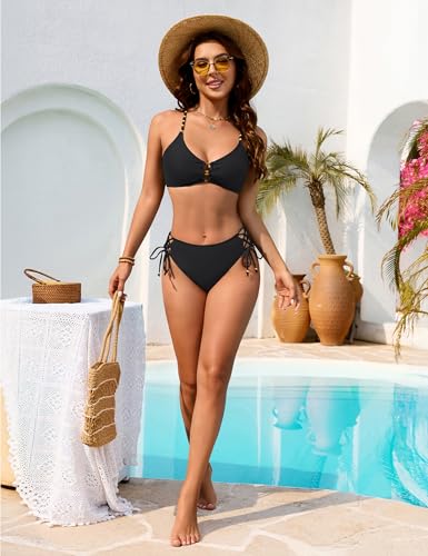 Image of Blooming Jelly Women Gold Beaded Straps Bikini Sets Sexy Cheeky Cutout Swim Suits O Ring Crisscross Tie Bathing Suit