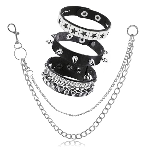 KVRHVEY 4pcs Goth Punk Rock Leather Bracelets Chain Set, Hip Hop Pants Jean Silver Chain, 80s Gothic Jewellery Costume, Trousers Chains Retro Emo Jewelry Accessories Bracelets for Men and Women