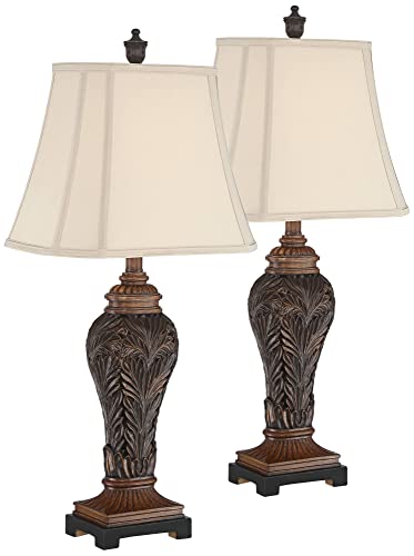 Barnes And Ivy Leafwork Traditional Table Lamps 29 1/4" Tall Set Of 2 With Usb Charging Port Bronze Light Tan Rectangular Shade For Bedroom Living Room Nightstand Bedside Night Stand Office #TOP4