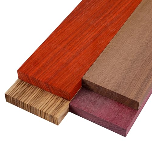 ElaraBerry 4 Pack Exotic Hardwood Lumber Boards Zebrawood Purpleheart Padauk Walnut Variety Wood Kit for Woodworking Crafts DIY (3/4 x 4 x 12)