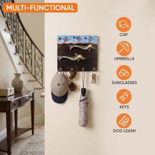 Image of Aakriti Art Creations Key Holder, O-La-La Key Hanger with Owl Mask and Beautiful Artwork | Rustic Wooden Wall Organizer with 5 Hooks| Storage Shelf For Keys, Hats | Multifunctional Entryway Decor Item