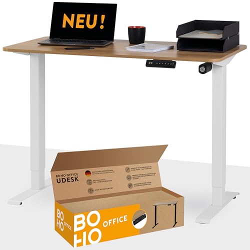 boho office® Escritório elétrico ajustável em altura, 110 x 60 cm, armazenamento 4, montagem rápida, inclui tabuleiro de mesa com cantos arredondados com certificado FSC, carvalho UDESK/branco