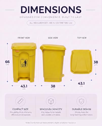 Image of pedal dustbin with lid, heavy duty plastic garbage bin, hands-free step-on waste bin for kitchen, office, home, hotel, bathroom & outdoor use (Mango Yellow, 65 Liters)