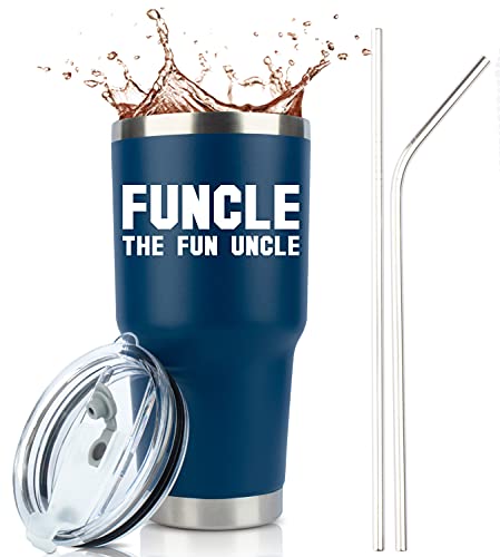 Funcle Best Uncle Gifts Tumbler - Blue Stainless Steel Insulated Tumbler Mug with Lid and 2 Straws for Coffee or Cold Drinks - Cup for new from niece nephew by JENVIO (30 Ounce)