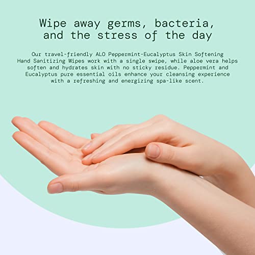 ALŌ Skin- Softening Sanitizing Hand Wipes- Peppermint Eucalyptus + Aloe, (20 Individual Wrapped Wipes, 1 box)