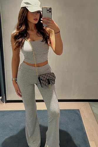 Image of Sexy Women's 2 Piece Lounge Sets Pajama Outfits Casual yoga Crop tube Top High Waist Wide Leg Foldover Flare Pants