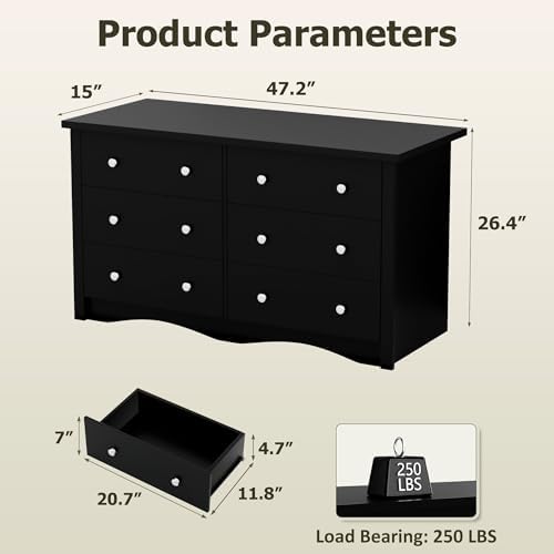 YESHOMY Black Dresser for Bedroom, 47.2" Wood Dressers with 6 Drawers