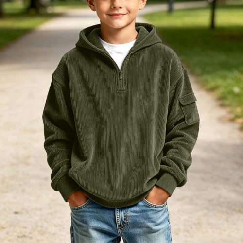 Boys Corduroy Knit Quarter Zip Hoodie Sweatshirts Long Sleeve Pullover Top - image 2