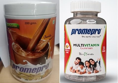 Promepro Combo Pack of Mixed Fruit Multivitamin Gummies 30s & Chocolate Supplement Powder with Dry Fruits - 200 gm