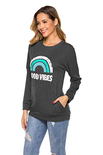 Hount Womens Good Vibes Long Sleeve Loose Tops Graphic T-Shirt Round Neck Casual Sweatshirts Tunic Top (Medium, Green Rainbow)