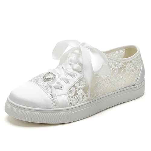 A580-03 Women's Wedding Shoes Bridal Sneakers Flats Bride Tennis Shoes Cutout Lace Sneakers