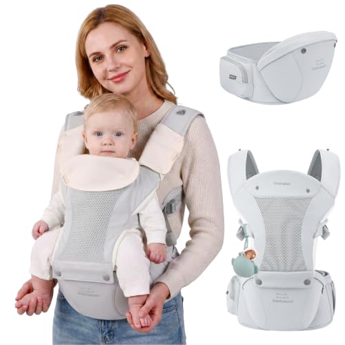 Miniatura 2 de Bebamour Mochila Portabebés Para Recién Nacidos Y Niños Pequeños, Asiento Para La Cadera De 0 A 36 Meses Con Capucha, 3 Protectores Para Mordeduras, Extensión Para La Cadera,Tejido De Malla Dorado