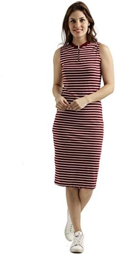 Miss Chase Women's Comfortable Round Neck Sleeveless Striped Midi Bodycon Dress with Zipper