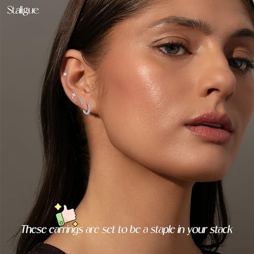 Staligue 21 Pairs Stainless Steel Earrings Set for Women Men Hypoallergenic 20G Flat Back Studs Earrings and Hoop Earrings Set Star Moon flower Snake Leaf Cartilage Piercing Earrings Jewelry Gifts 6