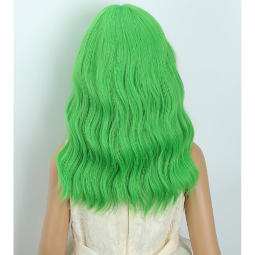 Image of Adult Green Wig Women Short Green Wavy Curly Wigs Adult Wig with Air Bangs Synthetic Cosplay Hair Wigs