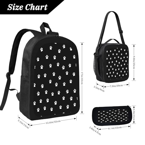 3PCS Backpack for Women Men With Lunch Box Pencil Bag 17 Inch Lightweight Adjustable Strap Back Pack 3 In 1 Set White Paw Print Casual Daypack Unisex Fit Travel Work Camping3