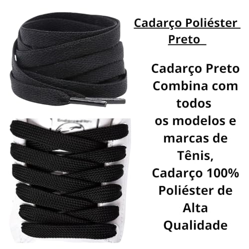 Cadarço Preto 1,20 cm 2 Pares, 100% Poliéster, Resistente, Compatível Com Todas as Marcas e Modelos