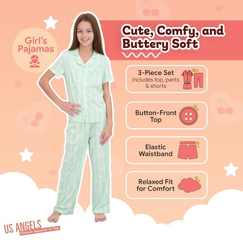 Image of US Angels Girls Pajama Set 3 Piece, Short Sleeve Button Down PJs with Shorts & Pants, Soft Sleepwear Girls & Tweens Size 5-16