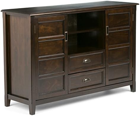 SIMPLIHOME Bedford SOLID WOOD Universal TV Media Stand, 53.9 inch Wide, Living Room Entertainment Center, Storage Cabinet with Glass Doors, for Flat Screen TVs up to 60 inches in Dark Tobacco Brown
