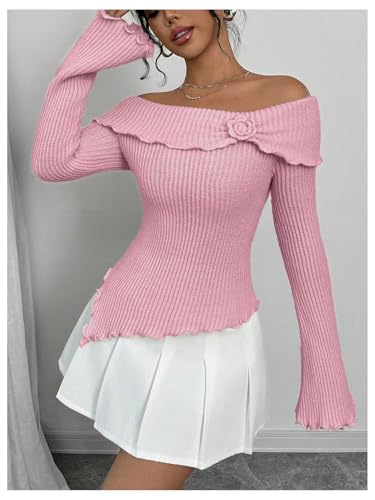 GORGLITTER Women's Off The Shoulder Sweater Floral Cute Fall Outfits 2025 Bell Flared Sleeve Asymmetrical Knitted Tops4