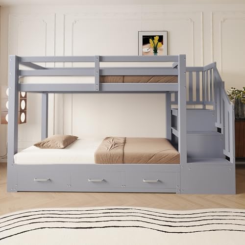 ZKLOEP Litera, 90 x 200 cm, cama nido de 90/180 x 190 cm, con escalera de almacenamiento con varios cajones, función de cama nido, cama juvenil, somier, cama de madera, color gris