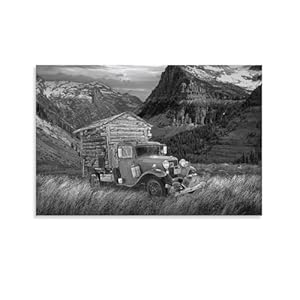 Vintage poster zwart-wit rotsachtige bergen vroege camper kantoor thuis eetkamer decor muurkunst schilderijen canvas muurdecoratie woondecoratie woonkamerdecoratie esthetische prints 60 x 90 cm (24 x