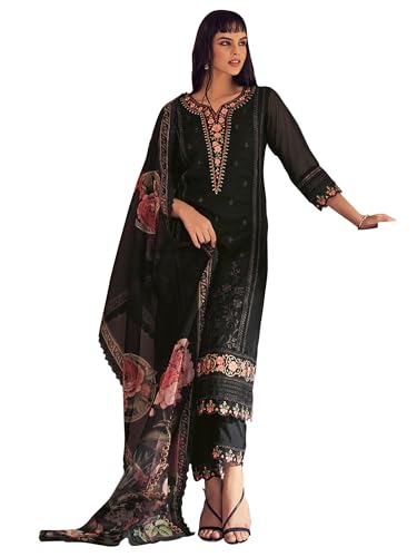 Image of INDO ERA Women Black Embroidered Straight Kurta Trousers With Dupatta set