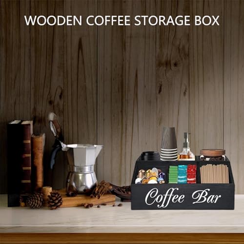 JUYAXIN Wooden Coffee Station Organizer for Pods Mugs Spoons Kitchen Counter Condiment Storage Box with Compartments Black Wooden Coffee Pods and Spoon Holder - Image 2