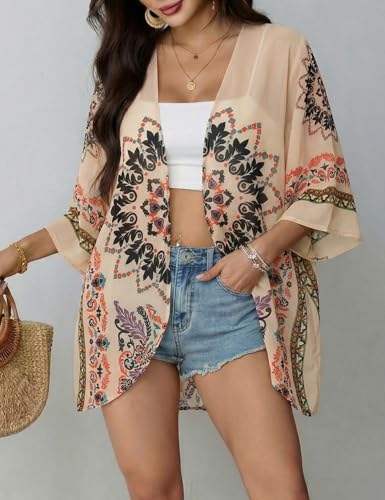 Image of Chunoy Women Floral Beach Wear Cover Up Chiffon Kimono Cardigan Open Front Blouse Top